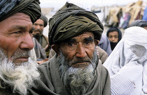 An elderly Afghan man at an International Red Cross distribution camp in Mazar-i-Sharif, where food was being provided by the UN World Food Programme.